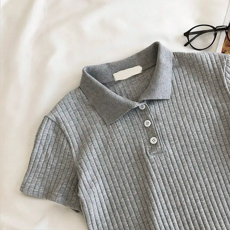 Knit School Polo Neck Cropped Shirt Summer Short Sleeve Youthful Color Crop Top Female Basic Blouse Lady Pullover