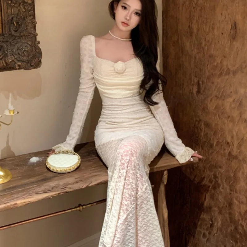 Lace Long Dresses for Off Shoulder Fishtail Bodycon Mermaid Autumn Spring Birthday Evening Party Prom Robe Vestidos