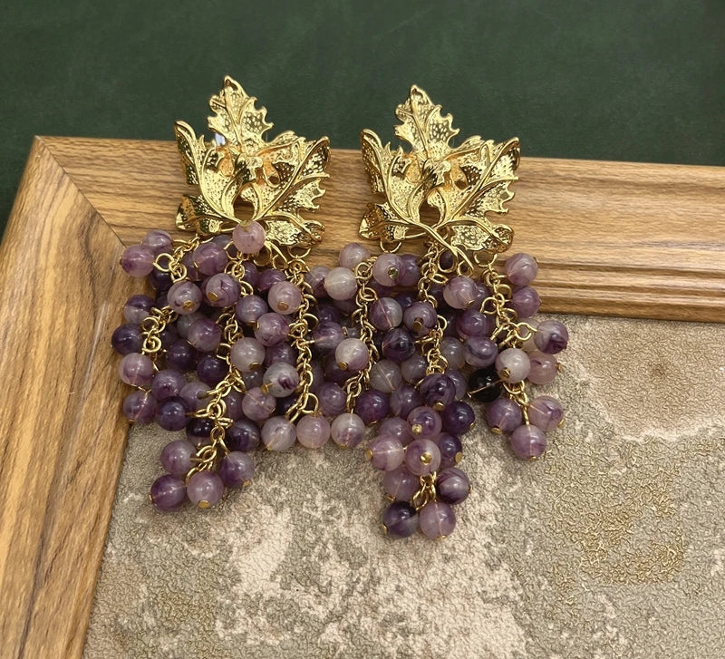 Grape & Gold Leaf Tassel Earrings