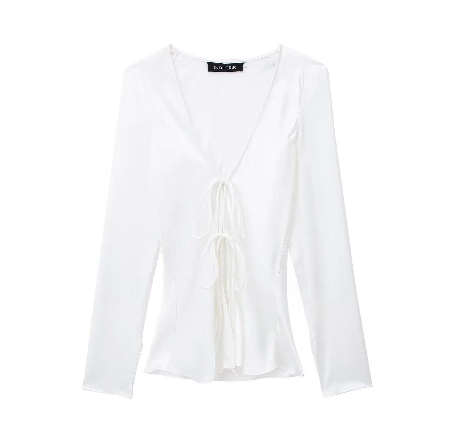 Vneck Lace Up Satin Blouses Long Sleeves Color Shirt Top Female Versatile Tops