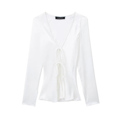 Vneck Lace Up Satin Blouses Long Sleeves Color Shirt Top Female Versatile Tops