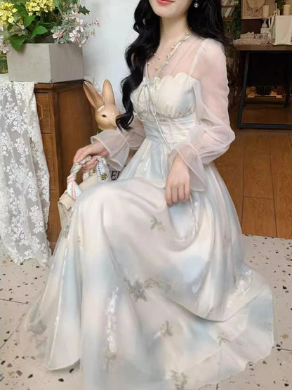 V Neck Long Dress Spring Summer Aline French Style Dresses Sweet Aline Vestidos Mujer