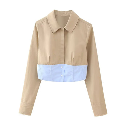Woman Splicing Lapel Long Sleeve Blouses Cropped Tops Female Singlebreasted Short Shirts Y2k
