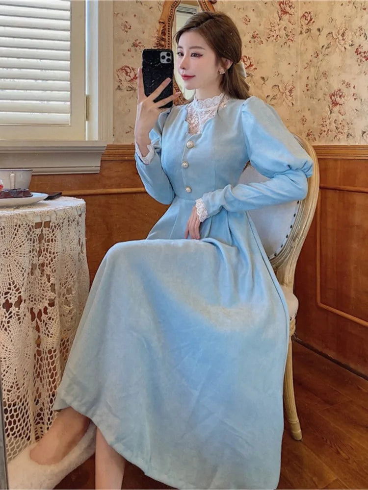 French Autumn Midi Dresses for Puff Sleeve Half High Collar Patchwork Lace Aline Retro Princess Dress Vestidos