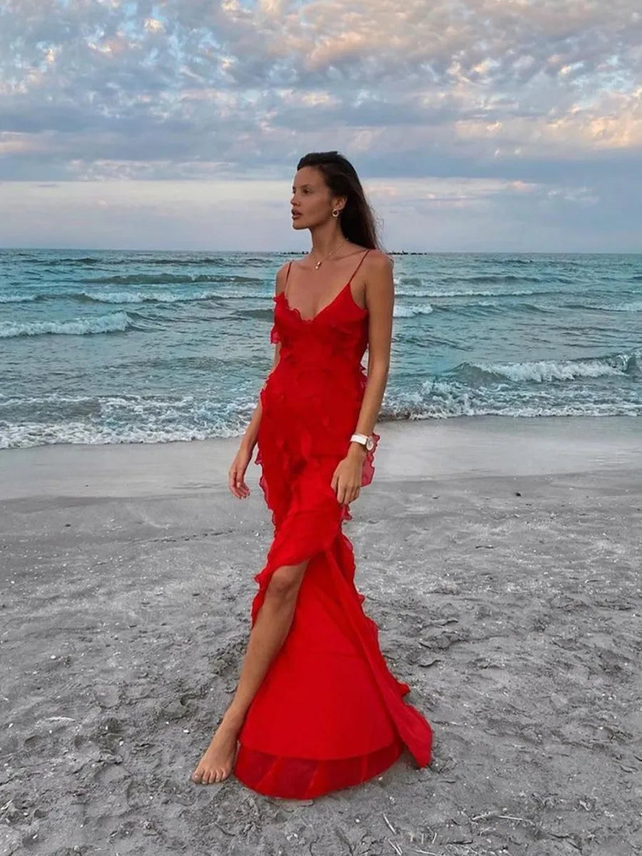 Ruffle Backless Maxi Dress New Vneck Sleeveless Suspender Slit Long Dresses Evening Party Dress