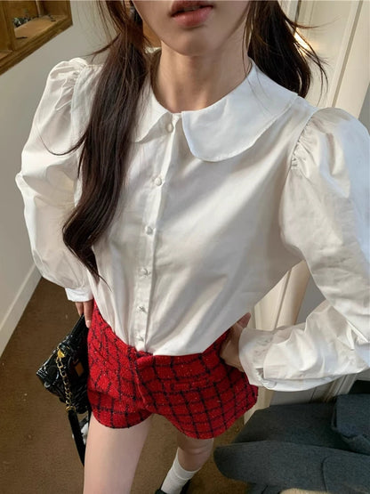 Blue Plaid Shirt Kawaii Peter Pan Collar Blouse Female Preppy Style Puff Sleeve Top With Teen Girl Spring Clothes