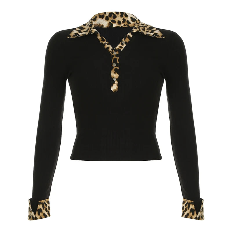 Leopard Up Turn Down Collar Button Long Sleeve Blouses S Autumn New Knitter Basic Top Tees