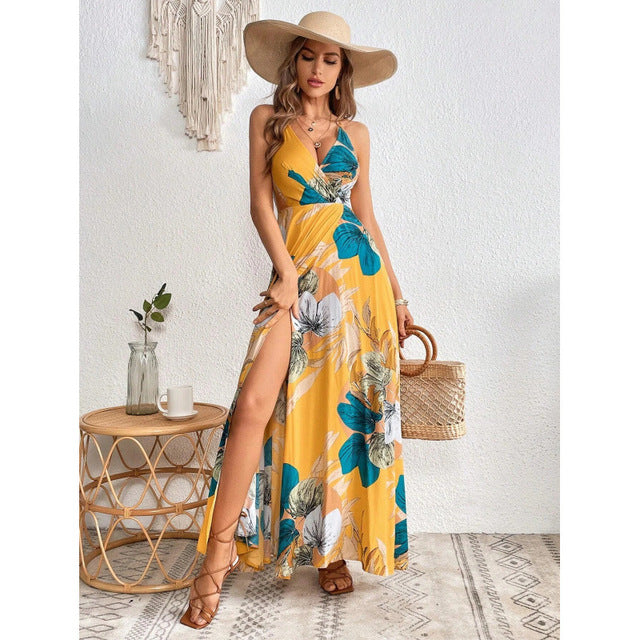 Flower Print Spaghetti Strap Dresses V-neck Backless Slit Long Dress Style Vacation Beach Vestidos