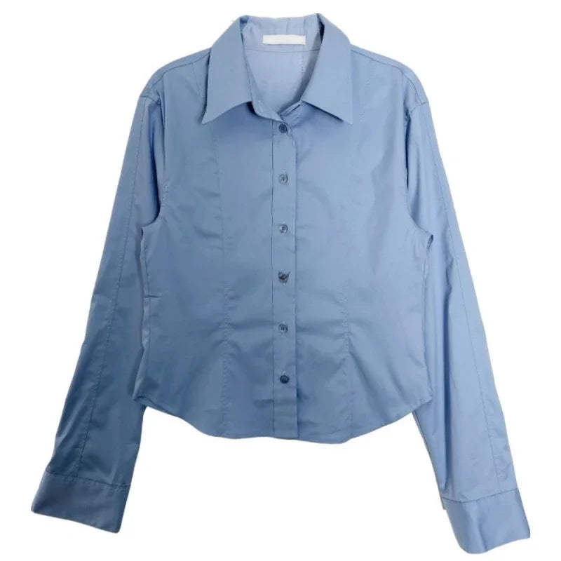 Shirts Autumn Long Sleeve Polo Neck Blouse Pattern Embroidery White Blue Tops