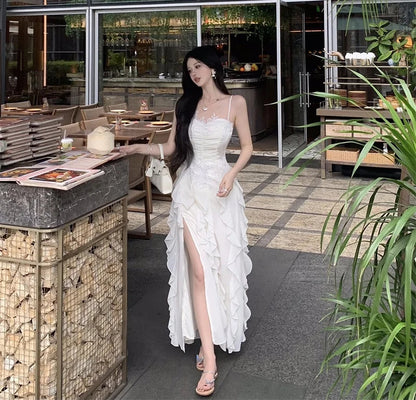 Korean Sweet Fairycore Long Dresses for Spaghetti Strap Ruffles Princess Party Dress Summer Slim Waist Vestidos
