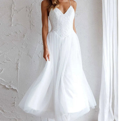 Embroidered Lace Party Dress Vneck Sleeveless Long Dress Loose Hollow Out Beach Dress
