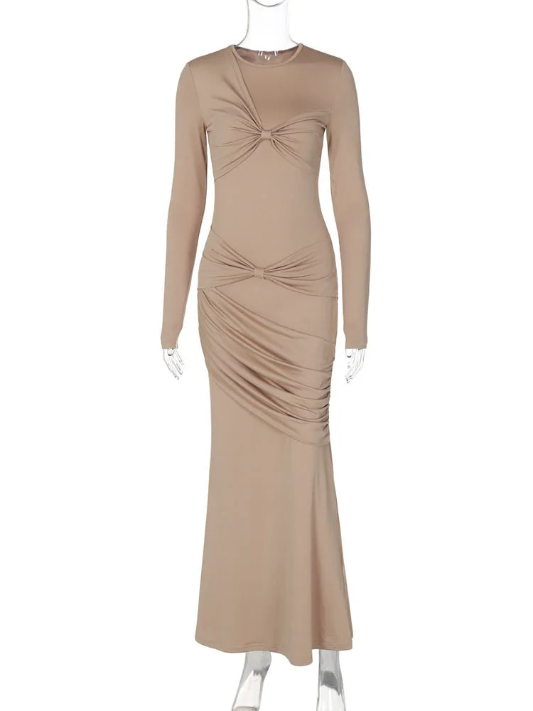 Slim Ruched Maxi Dress for Fall New Draped Bow Splice Club Party Dresses Vestido Female Long Sleeve