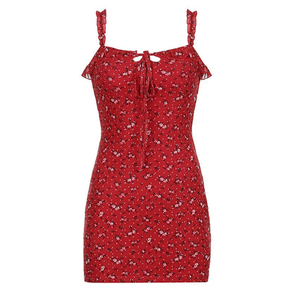 Print Sleeveless Mini Dress Red Fairycore Aline Sundress for Holiday Party Outfits Y2k Robe