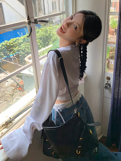 Y2k Stain Acetate Cropped Blouse for Long Sleeve Vneck Shirt With Laceup Korean Tops