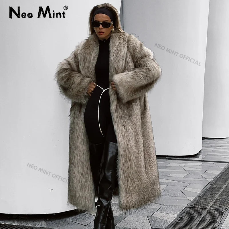 Mob Wife Aesthetic Long Faux Fur Coat Winter Fluffy Gradient Fox Fur Jacket Female Furry Overcoat