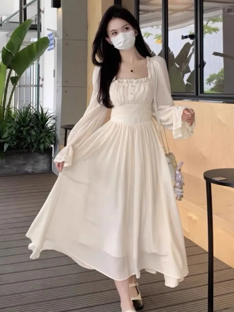 French Princess Midi Dresses Summer Korean Lace Spliced Long Sleeve Vestidos New Evening Clothes