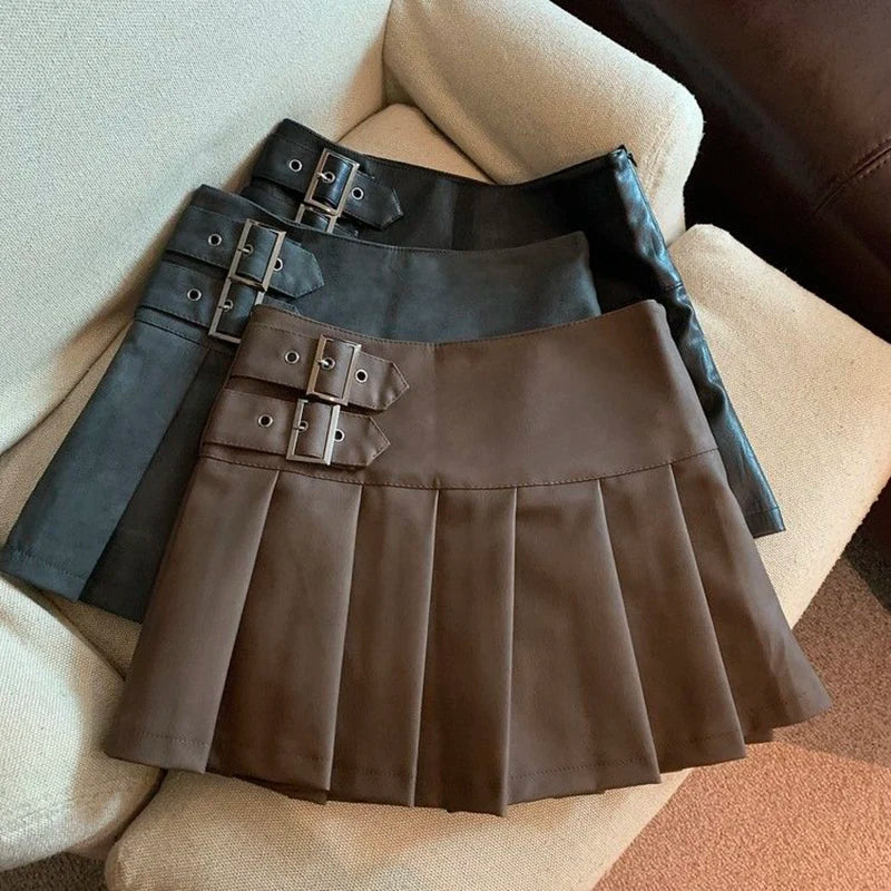S-3xl Y2k Pu Leather Mini Skirts High Waist Pleated Skirt Korean Black Slim a Line Skirts
