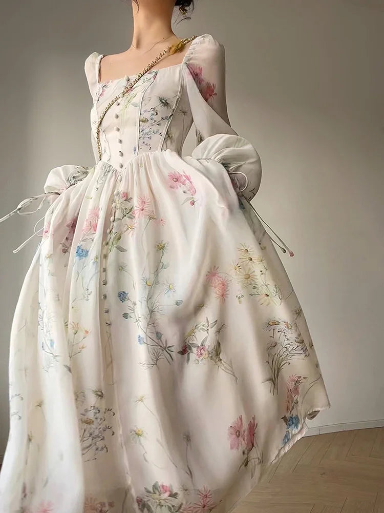 French Print Dress Square Collar Spring Summer Long Sleeve Dress for Sweet Leisure Midi Dress
