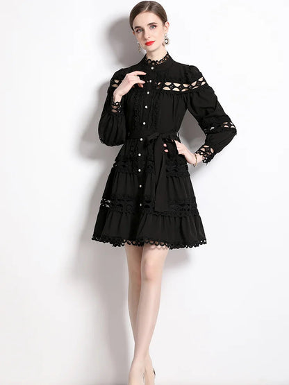 Stand Collar Single Breasted Dresses Spring and Autumn Hollow Out Embroidery Lace Trims White Mini Dress