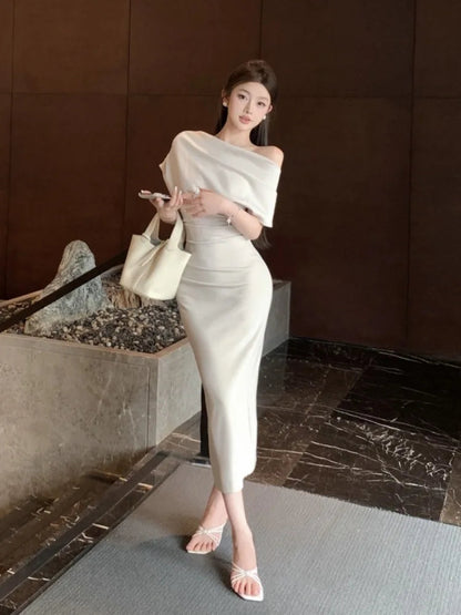Skew Collar Long Dresses Spring Summer Vestidos Mujer Korean Bodycon Dress