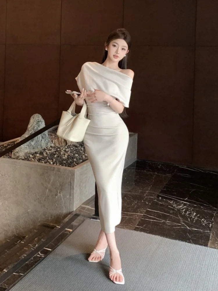 Skew Collar Long Dresses Spring Summer Vestidos Mujer Korean Bodycon Dress