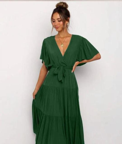 Color Ruffles Long Dresses V-neck Ruffle Sleeves Leace-up Temperament Lady Dress Summer New
