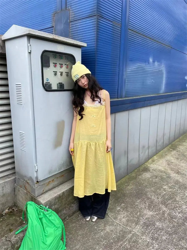 Summer French Vacation Style Lemon Yellow Splicing Lace Bow Strap Camisole Dress for Thin Loose Aline Long Dress