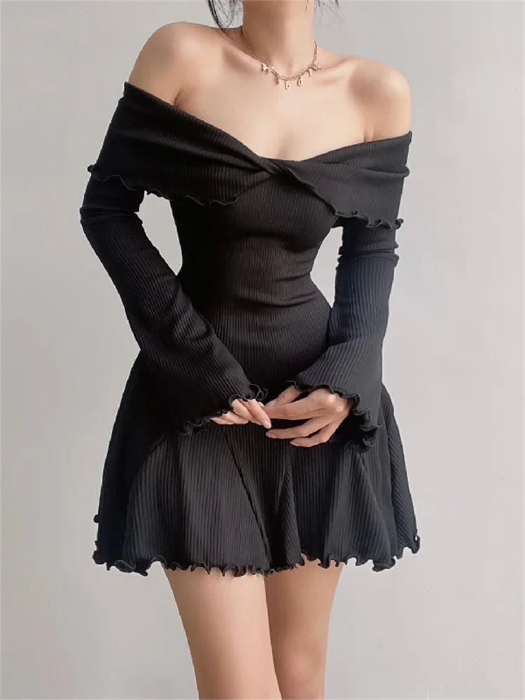 Black Knit Ruffled Mini Dress Patchwork Offshoulder Loose Slim Ribbed Dress Knitwear Clothes Female Dress