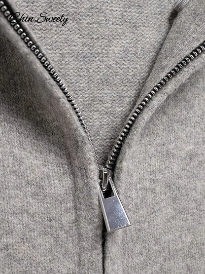 Hooded Cardigans Gray Long Sleeve Soft Zipper Ribbed Sweater Female Spring Simple Slim-fit Top New