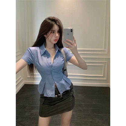 Y2k Cropped Shirts Short Sleeve Blouses Summer Harajuku Korean Single Breasted Slim Design Tops