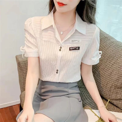 Woman Summer Style Blouses Shirts Lady Short Sleeve Turn-down Collar Color Blusas Tops Df4392