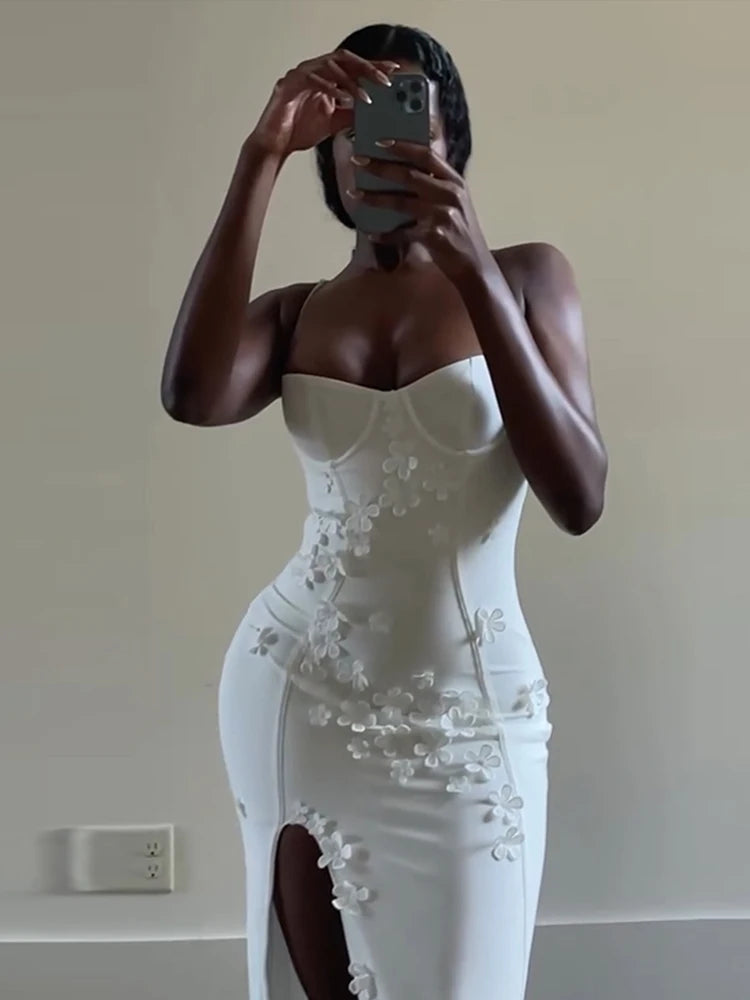 3d Flowers Sling Tube Dresses Slim Fit Sleeveless Slit Long Dress Female Spring Evening Vestidos