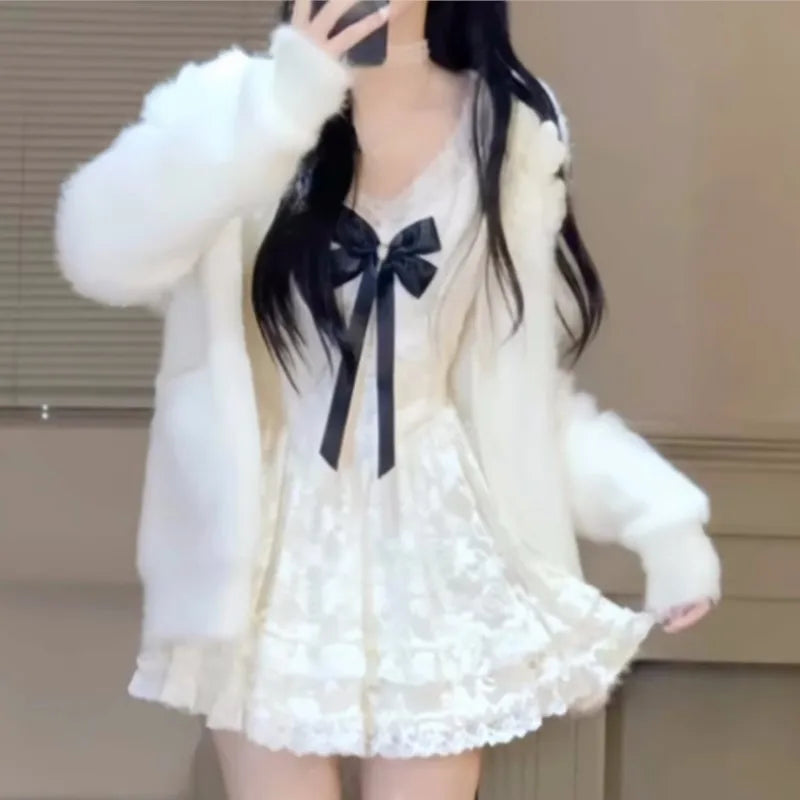 Lace Mini Dresses V-neck Long Sleeve Ruffles A-line Autumn New Sweet Korean Party Dress Female Vestidos