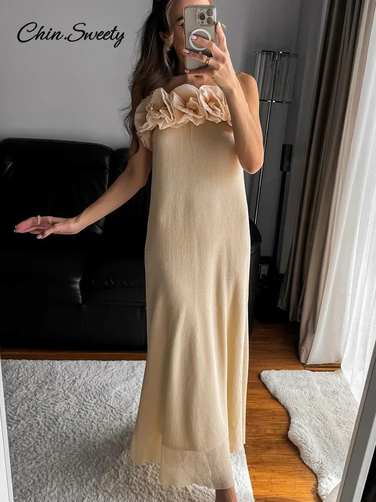 3d Flower Knit Long Dress Off Shoulder Backless Loose Party Beach Vacation Dresses Spring Lady Knitwear New