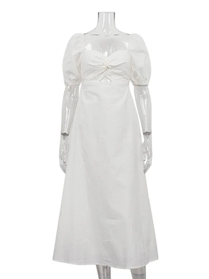 White Square Collar Puff Sleeve Long Dress for Slim A-line Twist Hollow Out Cotton Dresses Autumn