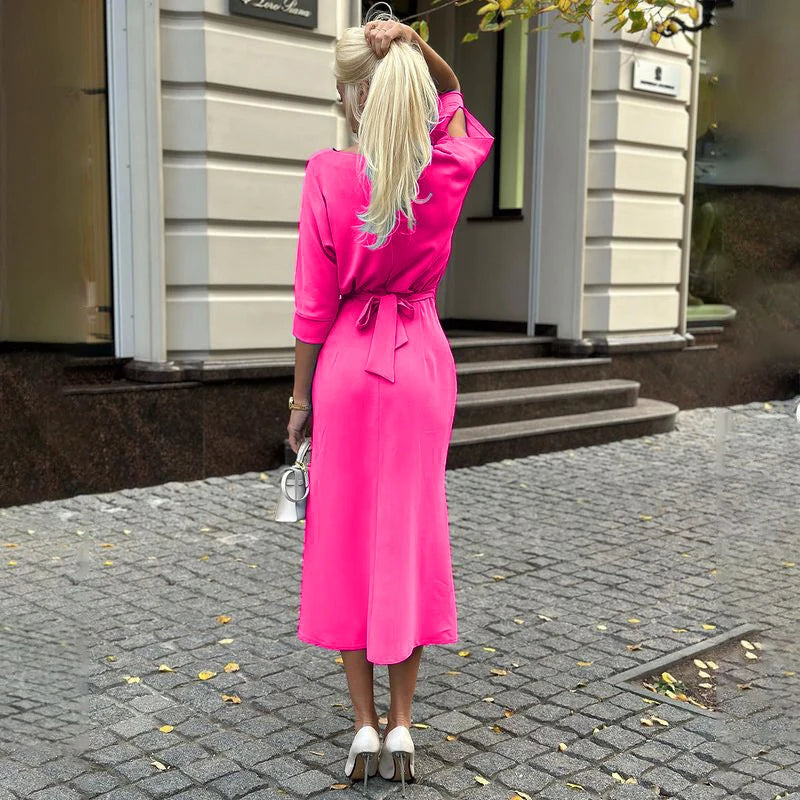 Oneck Halfsleeved Slimfit Dress Spring Color Simple Temperament Dress Commuter Hip Wrap Slim Long Dress