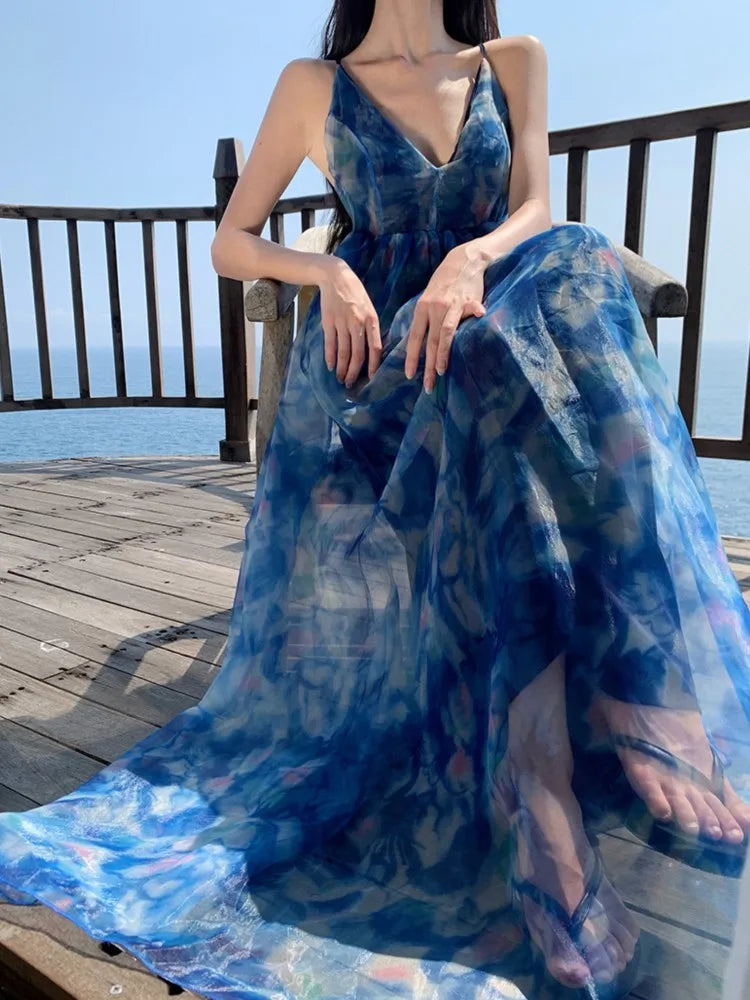 Summer Print Midi Dress Sleeveless Aline Maxi Vestidos Female Backless Long Robe New