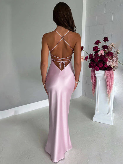 Spaghetti Strap Bodycon Satin Dress With Open Back Lace Up Female Long Dress Party Club Evening Dress