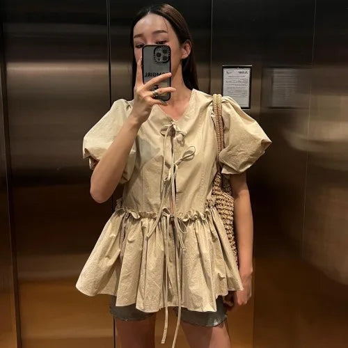 Allmatch Oneck Lace Up Blusas Mujer Summer New Ruched Shirts Y2k Puff Sleeve White Loose Blouses