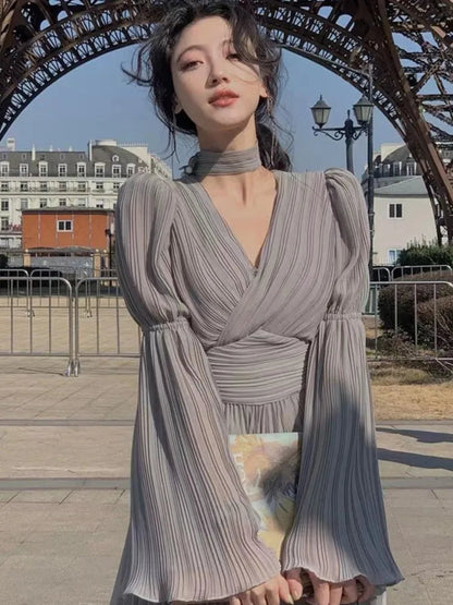French Ruffle Irregular Long Dresses Fairy Pleated Party Evening One Piece Dress Korean Female Clothings
