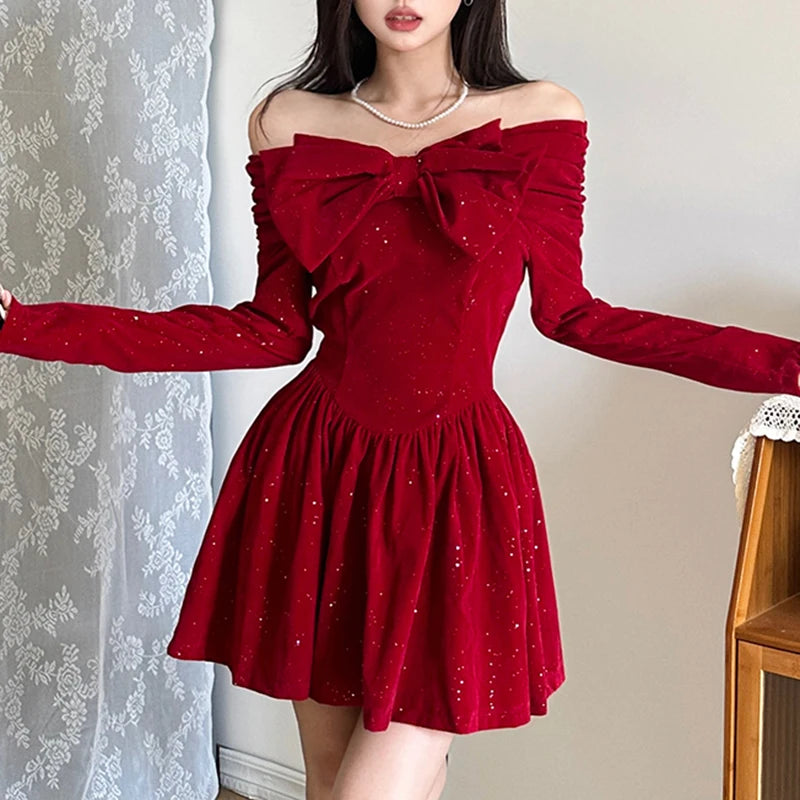 Aline Pleated Dress for Party Holiday Red Christmas New Year Ball Gown Mini Dresses Bow Slash Neck Robe