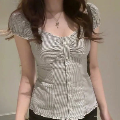 Y2k Stripes Ruffle Blouse