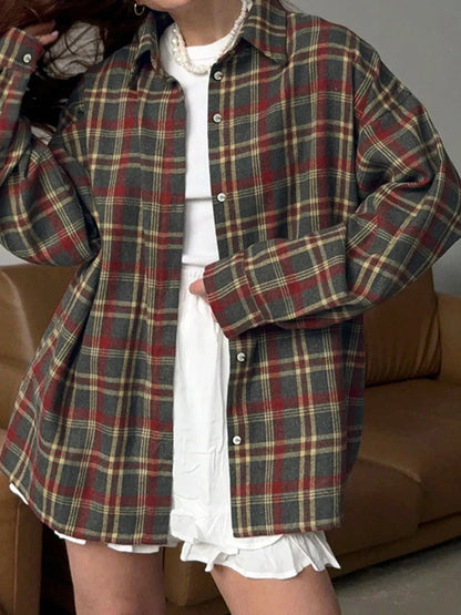 Classic Plaid Shirts for Spring Autumn Single Breasted Long Sleeve Blouse Outerwear Loose Blouses