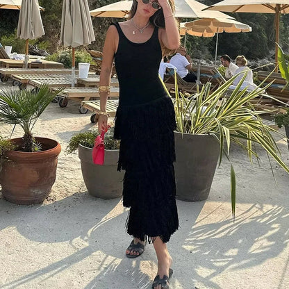 Backless High Waist Knitted Dresses Oneck Slim Tassel Dress Hollow Sleeveless Tight Long Dress