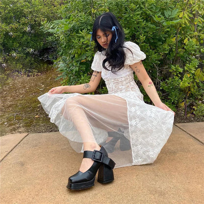 Y2k Fairycore See Through Lace Mesh White Dress Summer Retro Puffy Short Sleeve Long Dresses Coquette