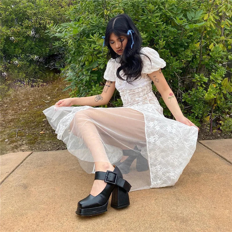 Y2k Fairycore See Through Lace Mesh White Dress Summer Retro Puffy Short Sleeve Long Dresses Coquette