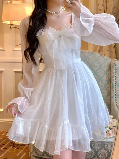 French Sweet Fairy Lolita Dress Long Sleeve Lace Mini Dress Kawaii Clothes One Piece Dress Korean Autumn