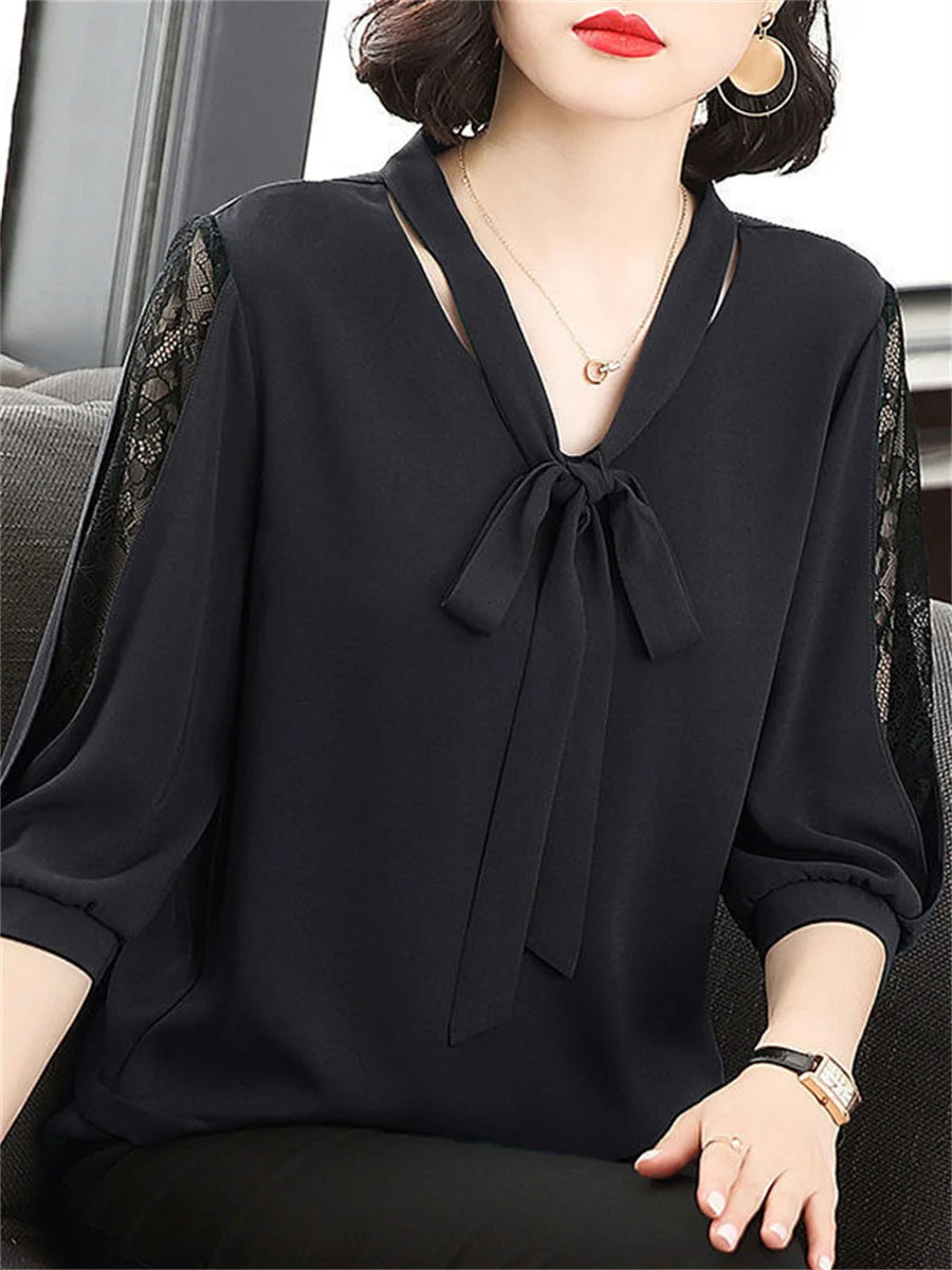 Spring Summer Style Blouses Tops Lady Bow Tie Colloar Half Lace Sleeve Loose Blusas Tops Df4275