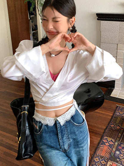 Y2k Stain Acetate Cropped Blouse for Long Sleeve Vneck Shirt With Laceup Korean Tops