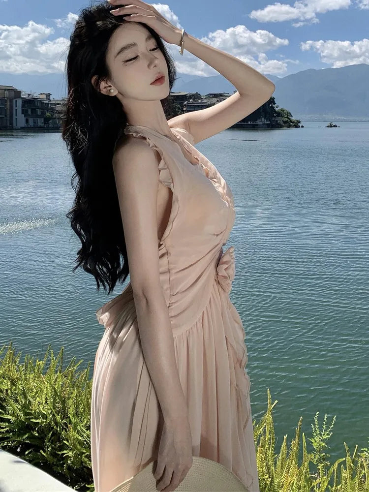 Summer New Ruffles A-line Long Dresses for Halter Backless Holiday Seaside Party Dress Korean One Piece Vestido